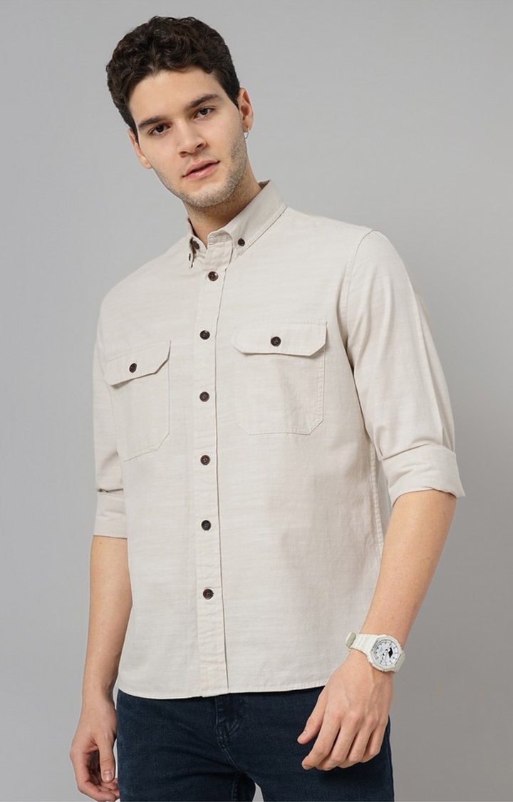 celio | Celio Men Beige Solid Regular Fit Cotton Casual Shirt