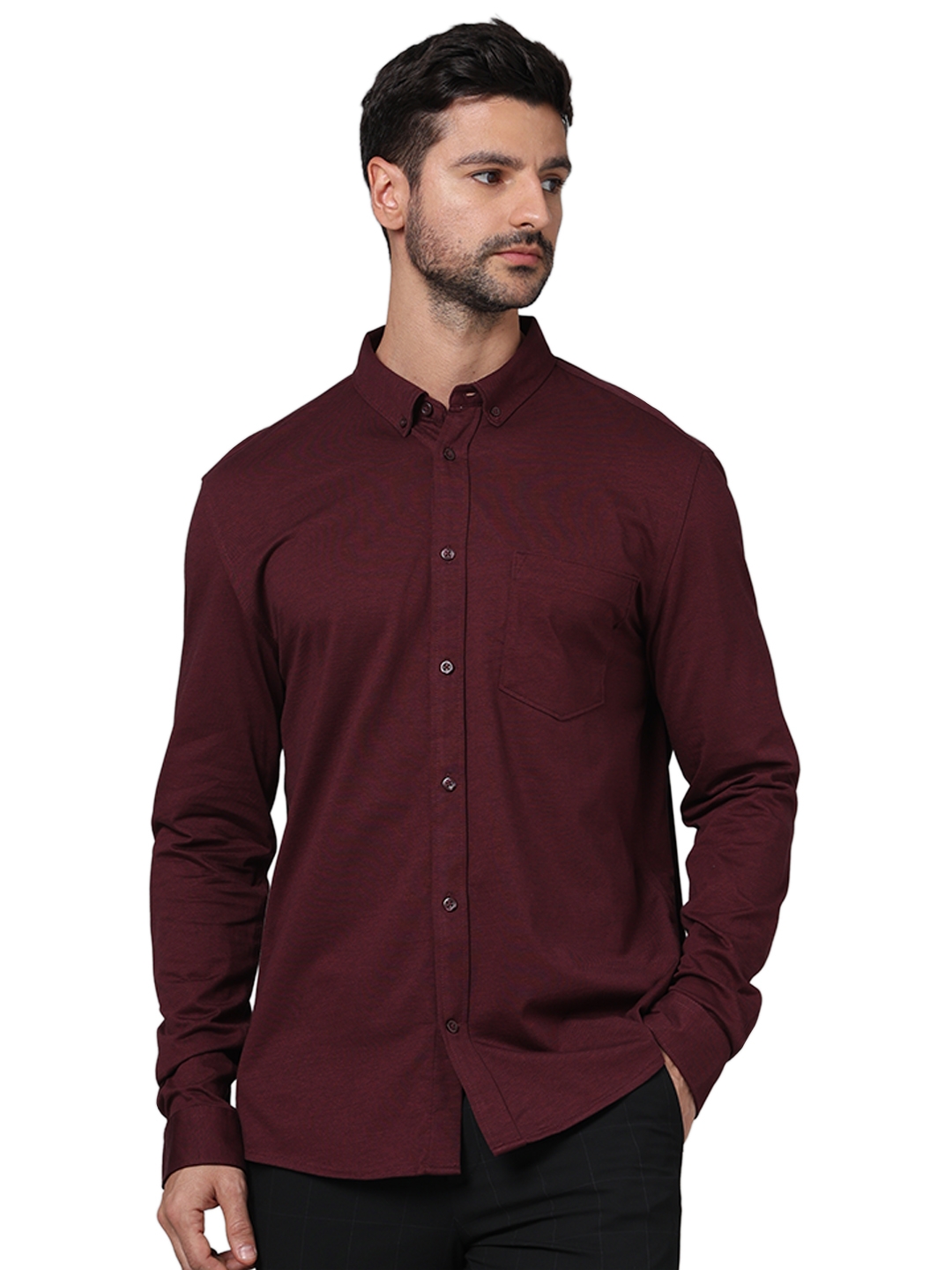 Celio Men Burgundy Solid Regular Fit Cotton Knit Casual Shirt