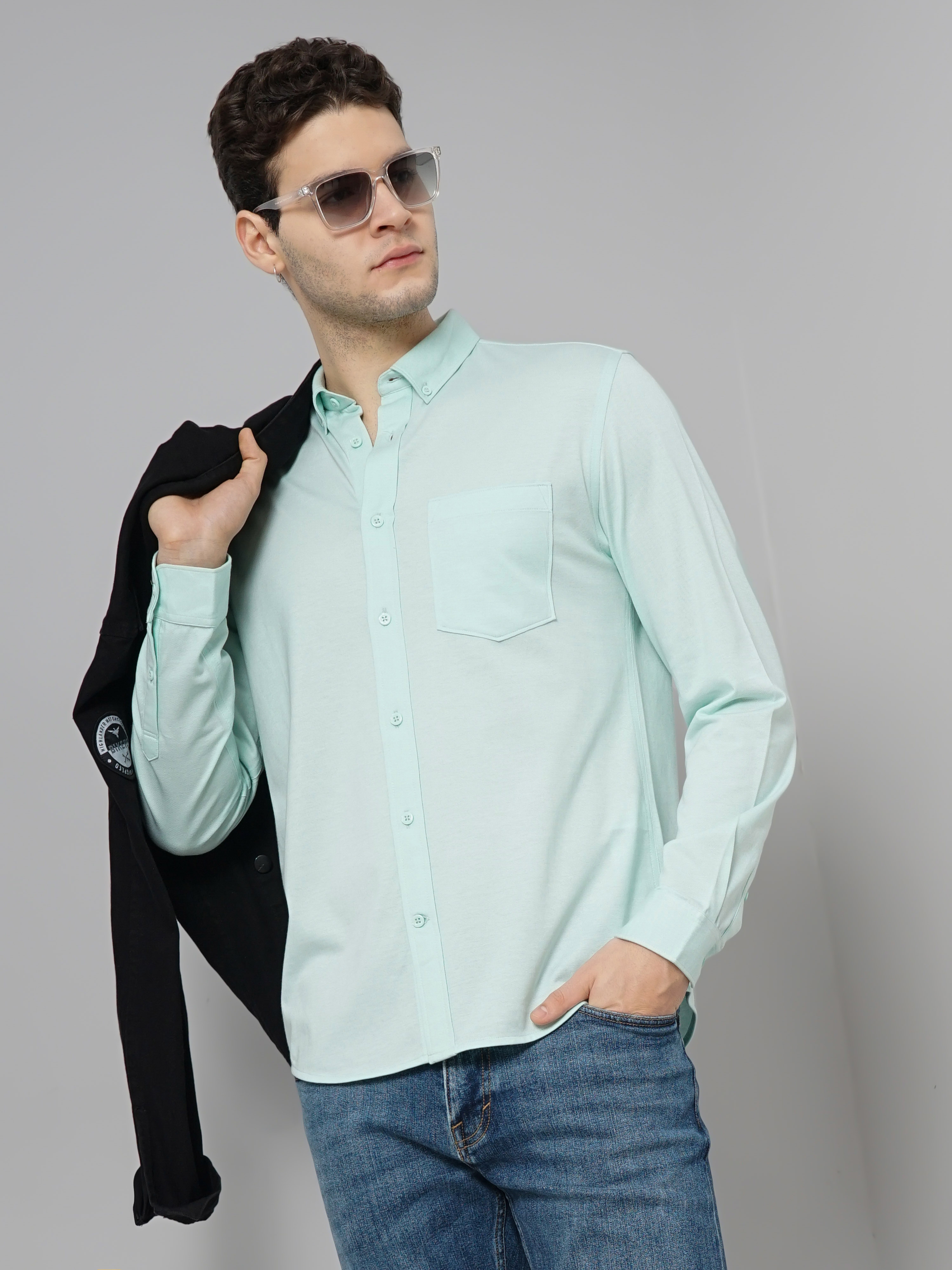 Celio Men Green Solid Regular Fit Cotton Knit Shirt Casual Shirt