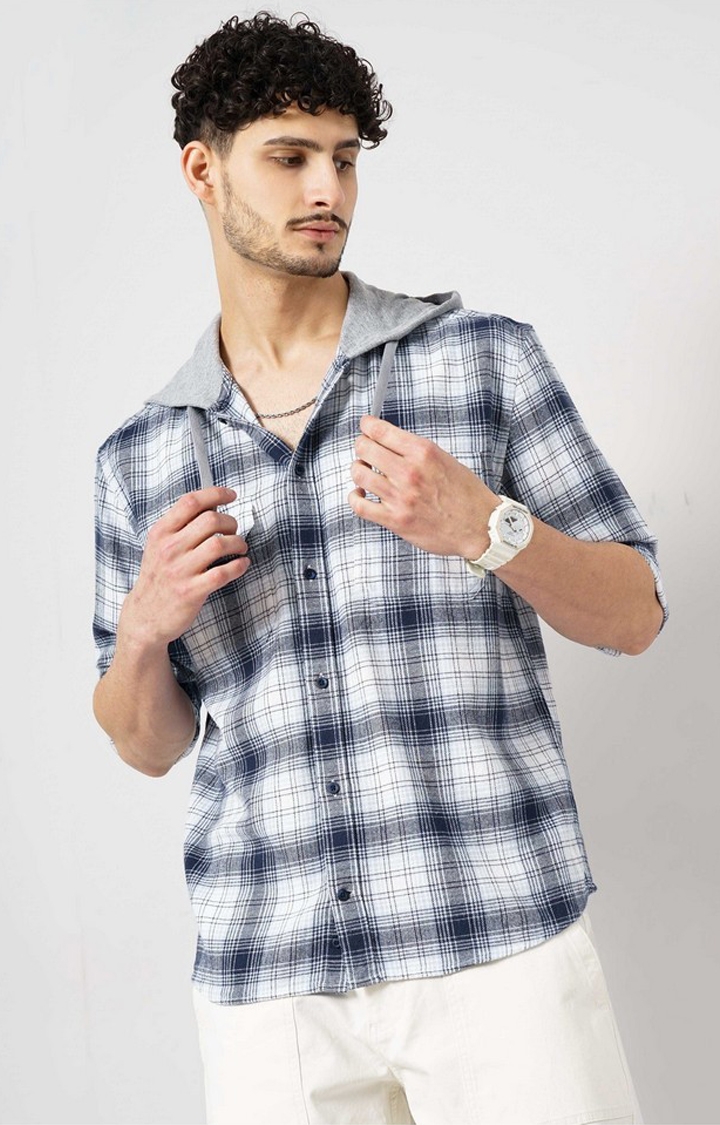 celio | Celio Men Blue Checked Regular Fit Cotton Denim Casual Shirt