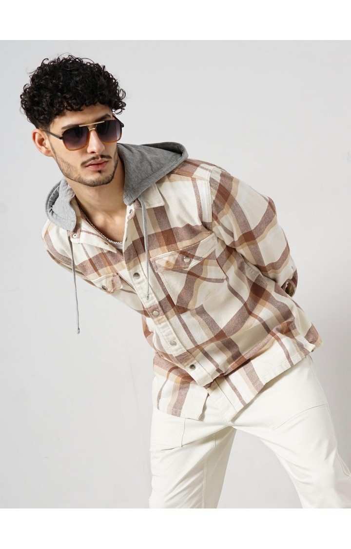 Celio Men Beige Checked Regular Fit Cotton Overshirt Casual Shirt