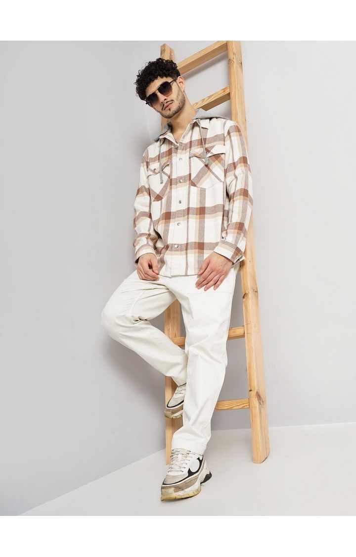Celio Men Beige Checked Regular Fit Cotton Overshirt Casual Shirt
