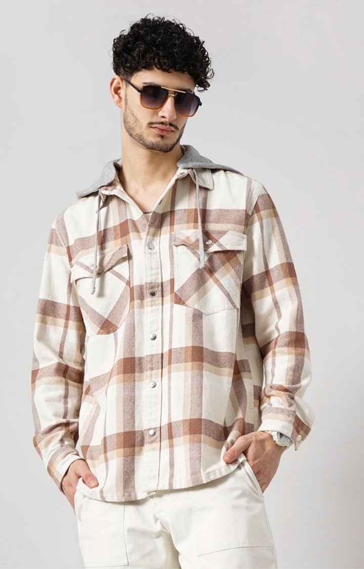 celio | Celio Men Beige Checked Regular Fit Cotton Overshirt Casual Shirt