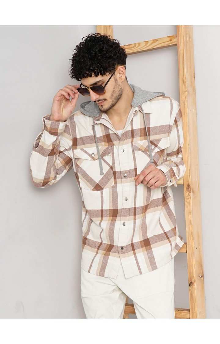Celio Men Beige Checked Regular Fit Cotton Overshirt Casual Shirt