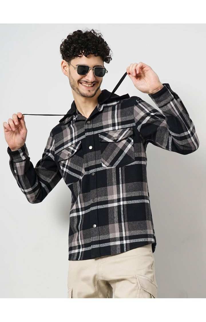 Celio Men Black Checked Regular Fit Cotton Flannel Overshirt Casual Shirt