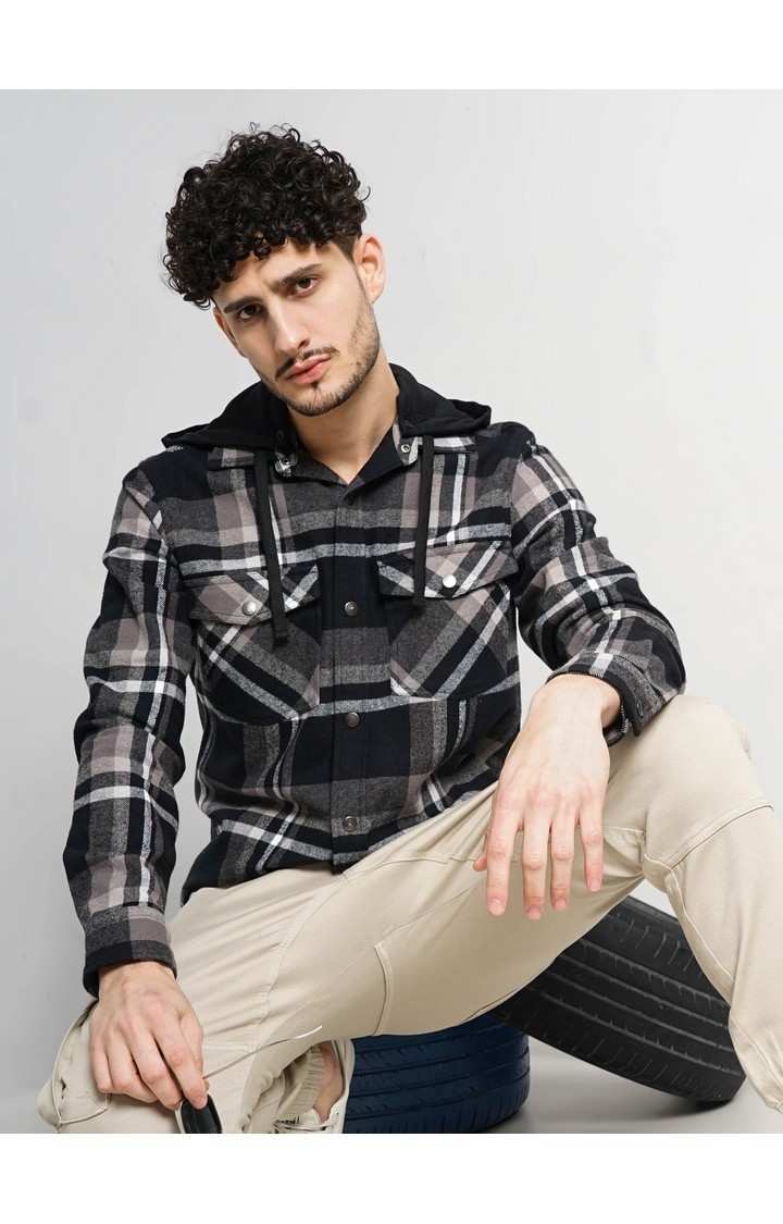 Celio Men Black Checked Regular Fit Cotton Flannel Overshirt Casual Shirt