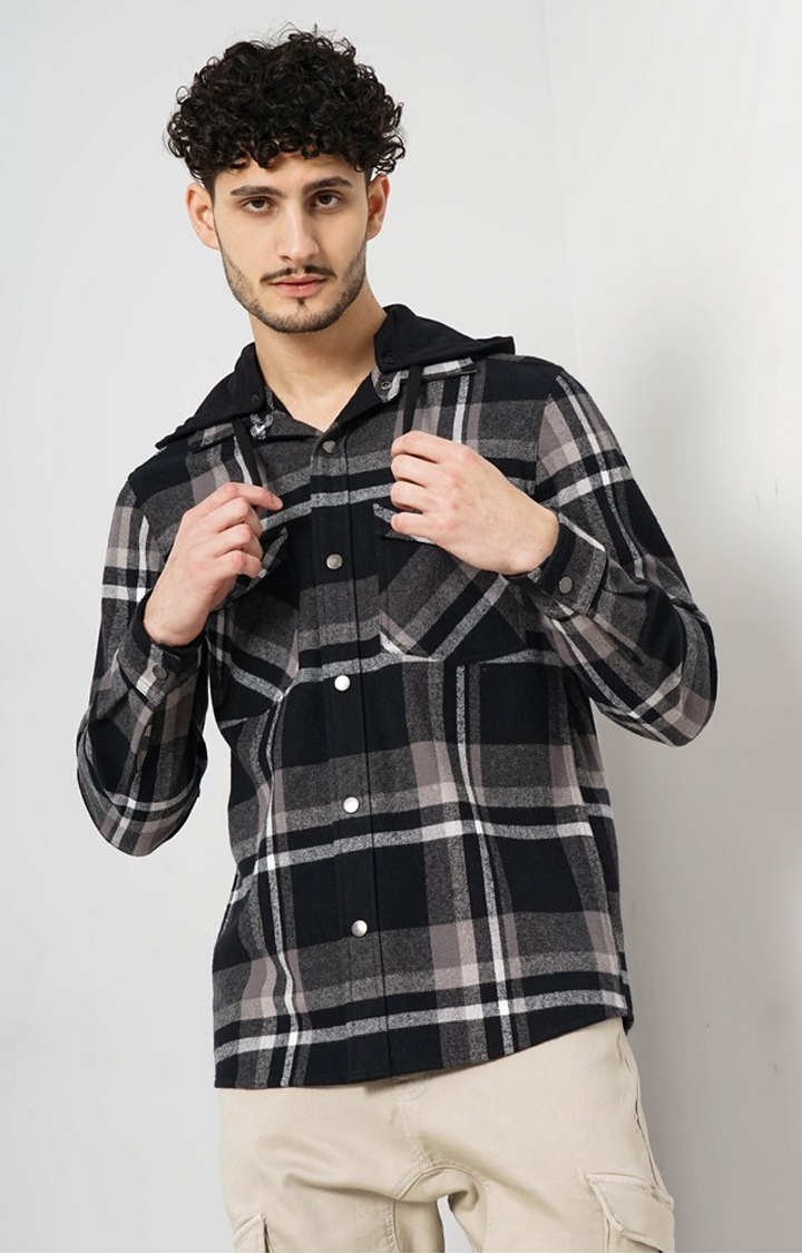celio | Celio Men Black Checked Regular Fit Cotton Flannel Overshirt Casual Shirt