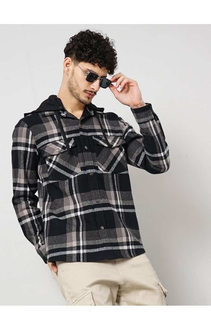 Celio Men Black Checked Regular Fit Cotton Flannel Overshirt Casual Shirt