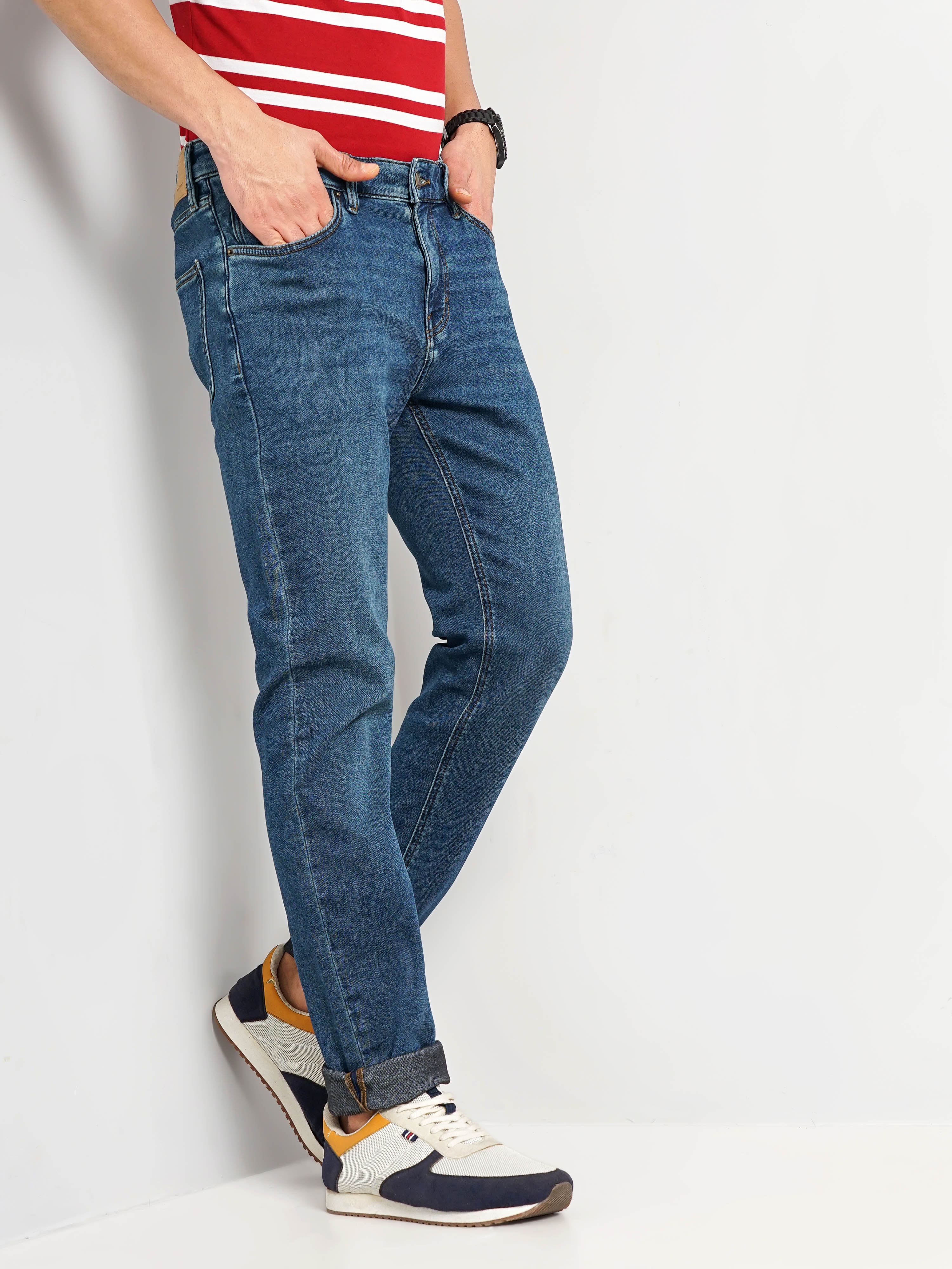 celio | Celio Men Blue Solid Slim Fit Cotton Knit Denim Jeans 6