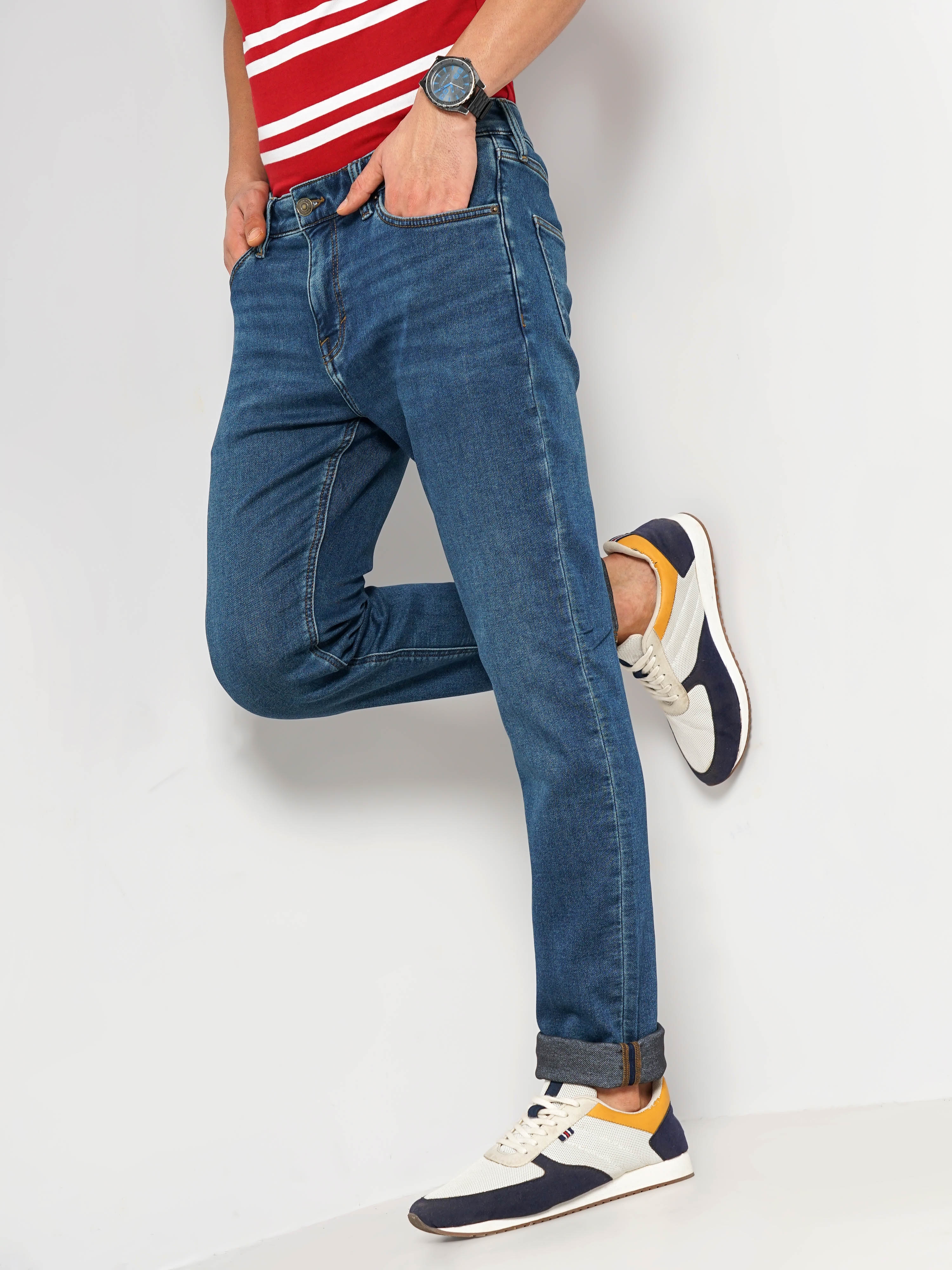 celio | Celio Men Blue Solid Slim Fit Cotton Knit Denim Jeans 1