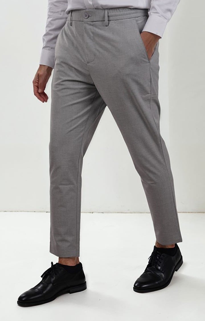 Celio Men Grey Solid Regular Fit Polyester Casual Trousers