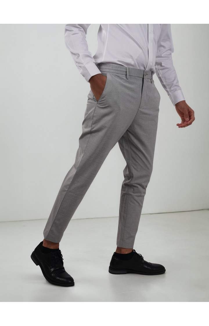 Celio Men Grey Solid Regular Fit Polyester Casual Trousers
