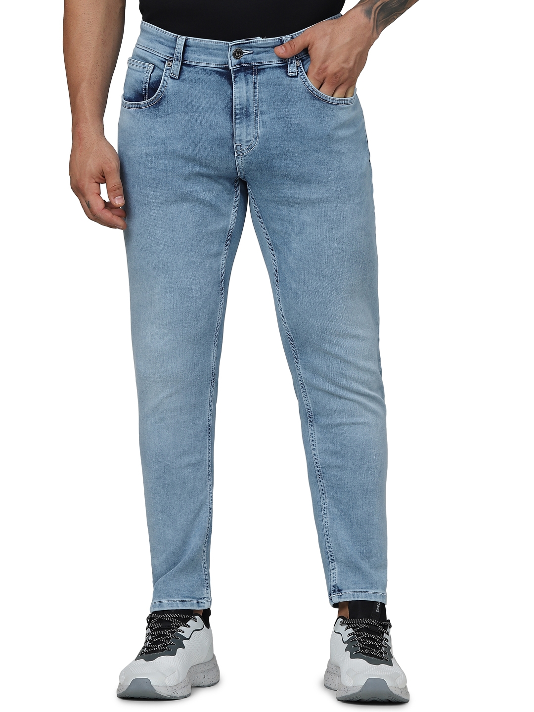 celio | Celio Men Blue Solid Skinny Fit Cotton Knitted Ankle Length Jeans