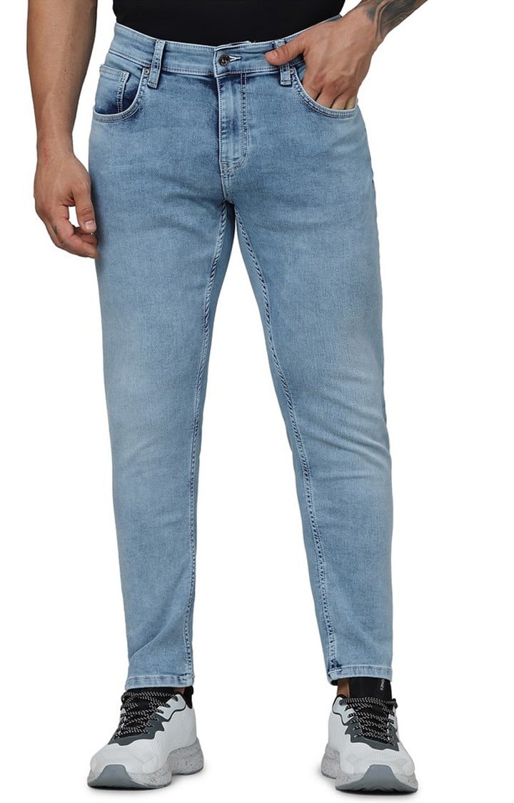 Celio Men Blue Solid Skinny Fit Cotton Knitted Ankle Length Jeans