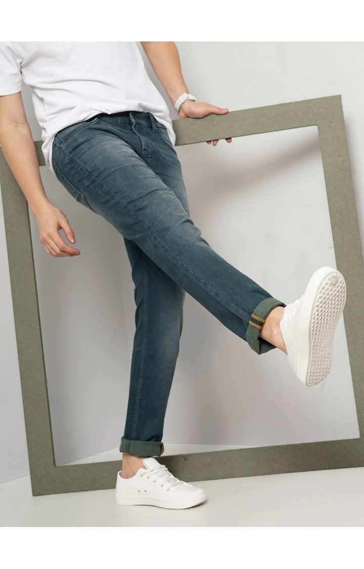 Celio Men Green Solid Regular Fit Cotton Knit Denim Jeans