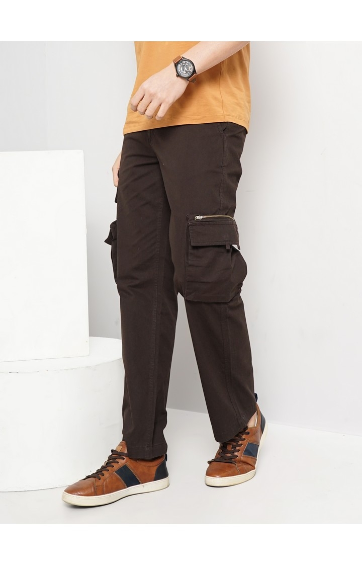 Celio Men Brown Solid Straight Fit Cotton Jogger Casual Trousers