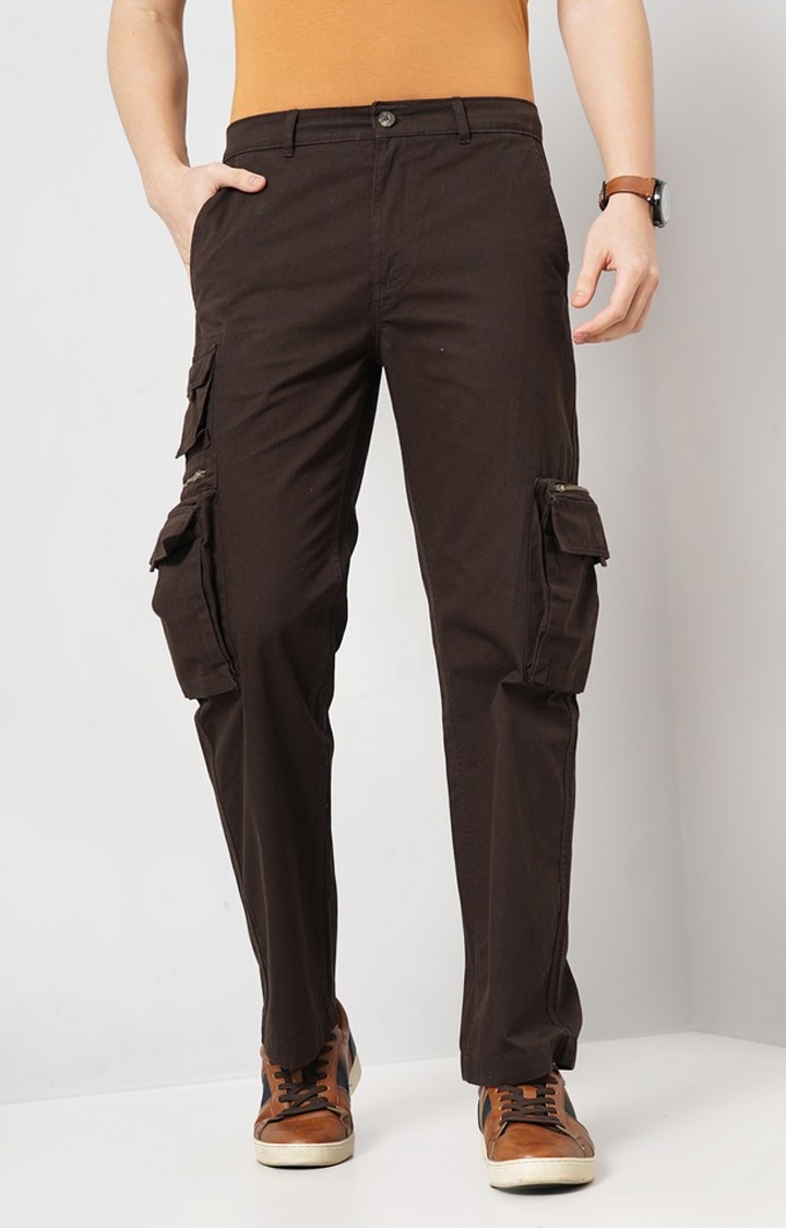 Celio Men Brown Solid Straight Fit Cotton Jogger Casual Trousers