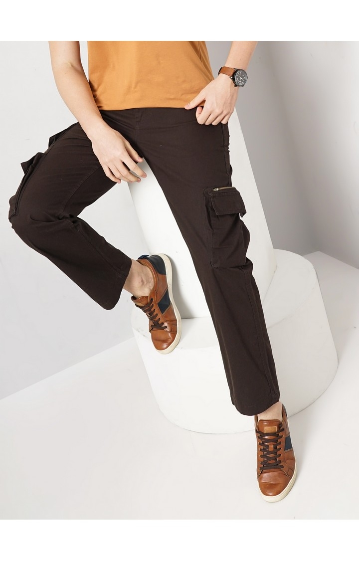 Celio Men Brown Solid Straight Fit Cotton Jogger Casual Trousers