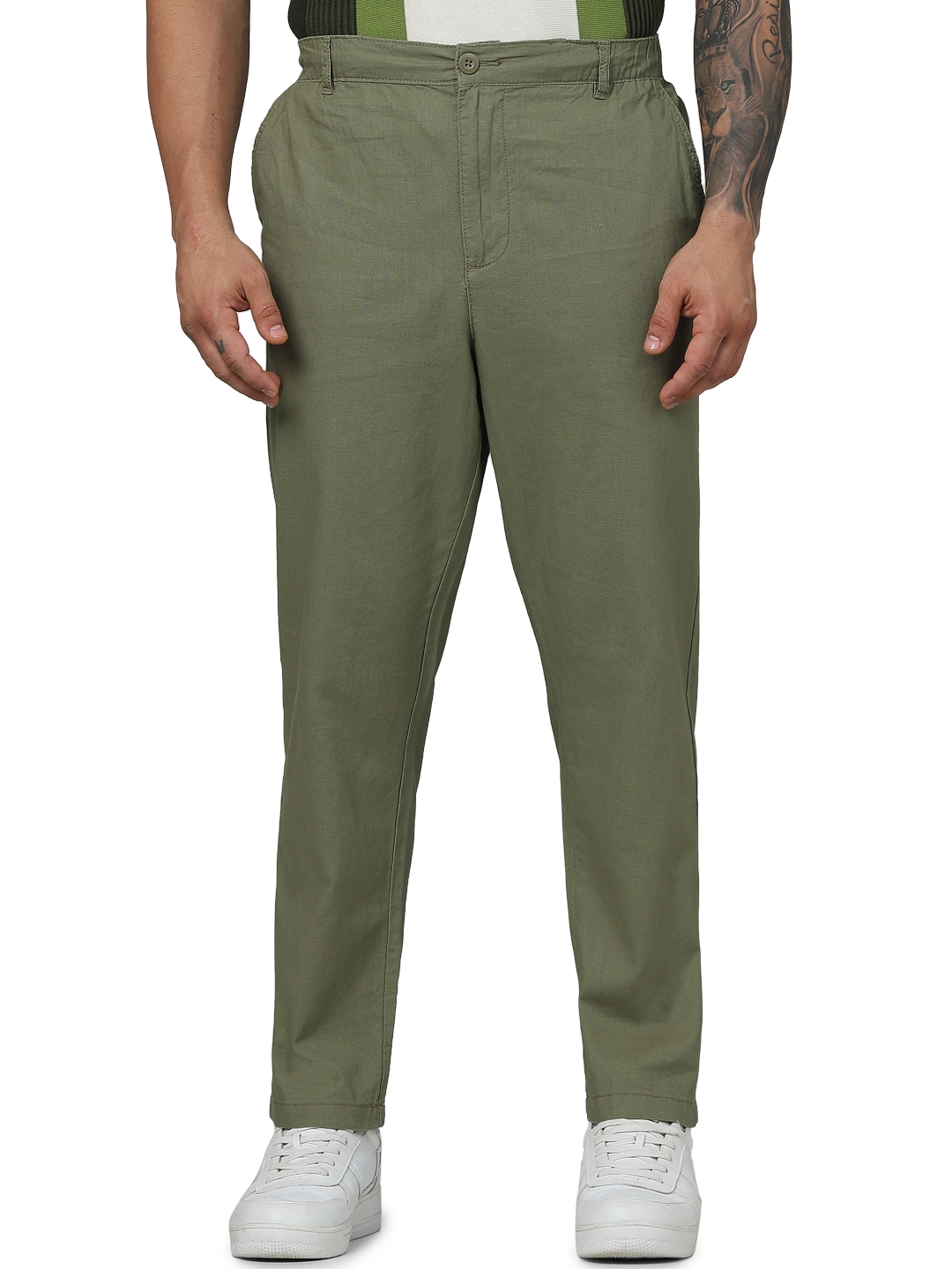 Celio Men Green Solid Regular Fit Linen Casual Trousers