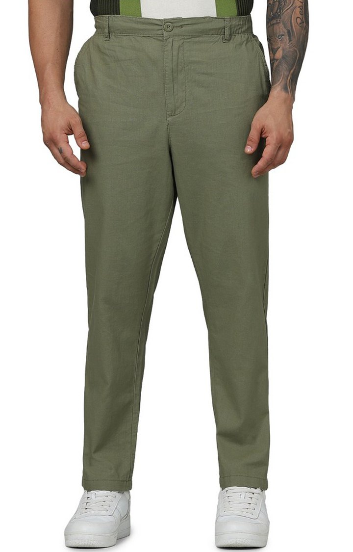 Celio Men Green Solid Regular Fit Linen Casual Trousers