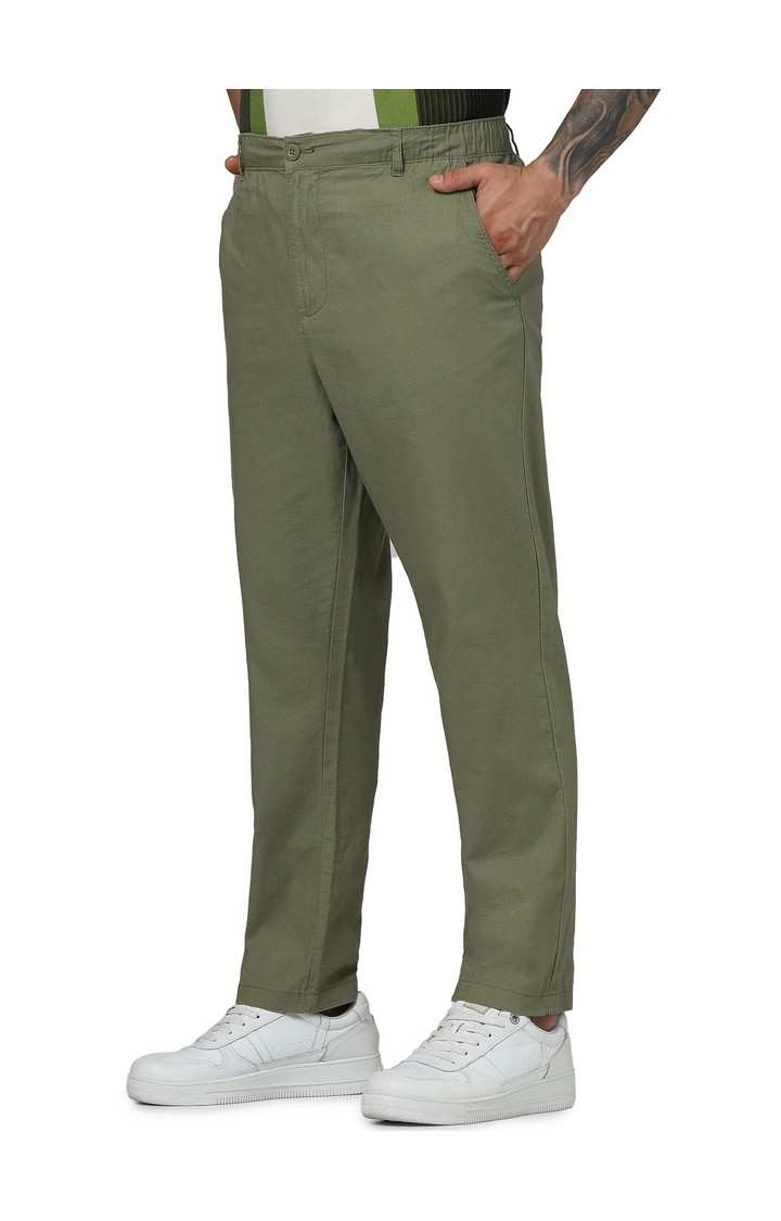 Celio Men Green Solid Regular Fit Linen Casual Trousers