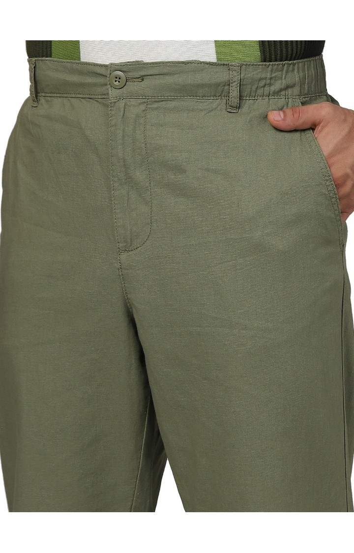 Celio Men Green Solid Regular Fit Linen Casual Trousers