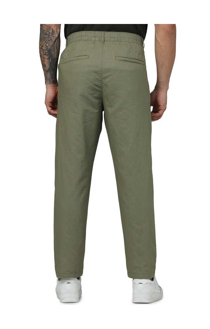 Celio Men Green Solid Regular Fit Linen Casual Trousers