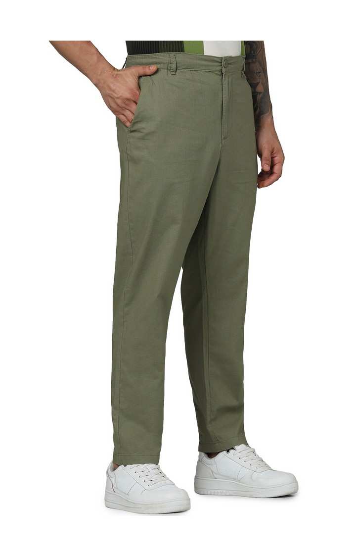 Celio Men Green Solid Regular Fit Linen Casual Trousers