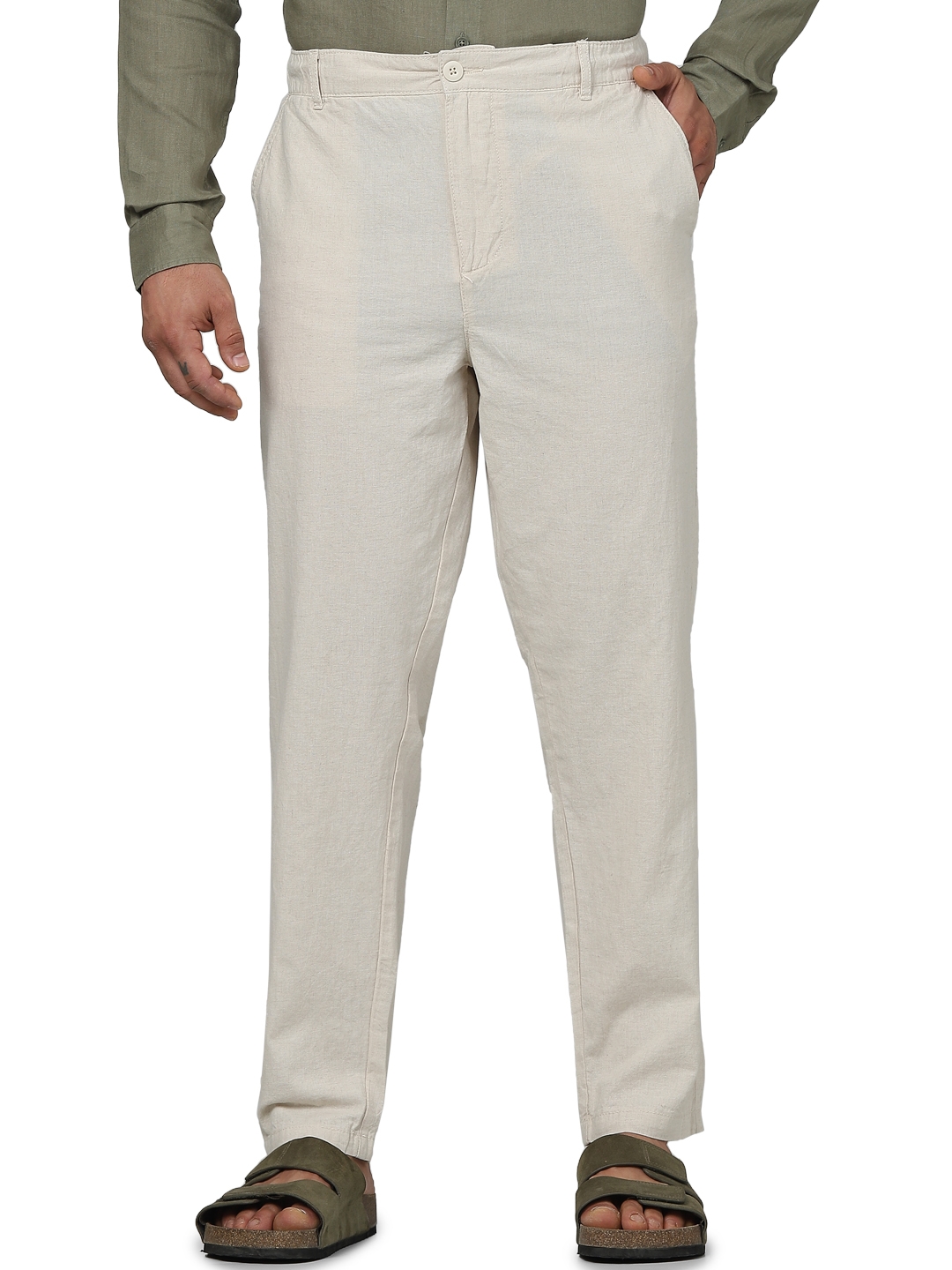 Celio Men Off White Solid Regular Fit Linen Casual Trousers