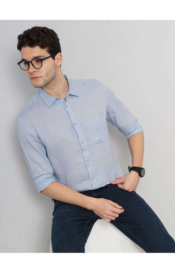 Celio Men Blue Solid Regular Fit Linen Casual Shirt