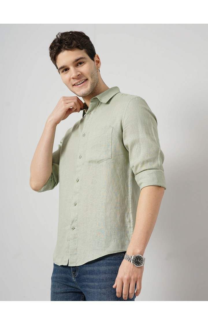 Celio Men Green Solid Regular Fit Linen Casual Shirt