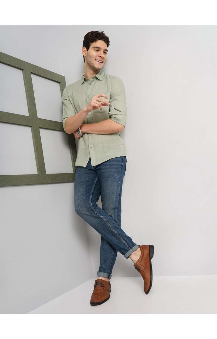 Celio Men Green Solid Regular Fit Linen Casual Shirt