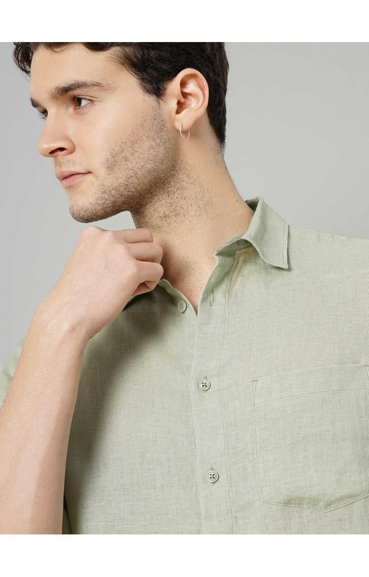 Celio Men Green Solid Regular Fit Linen Casual Shirt
