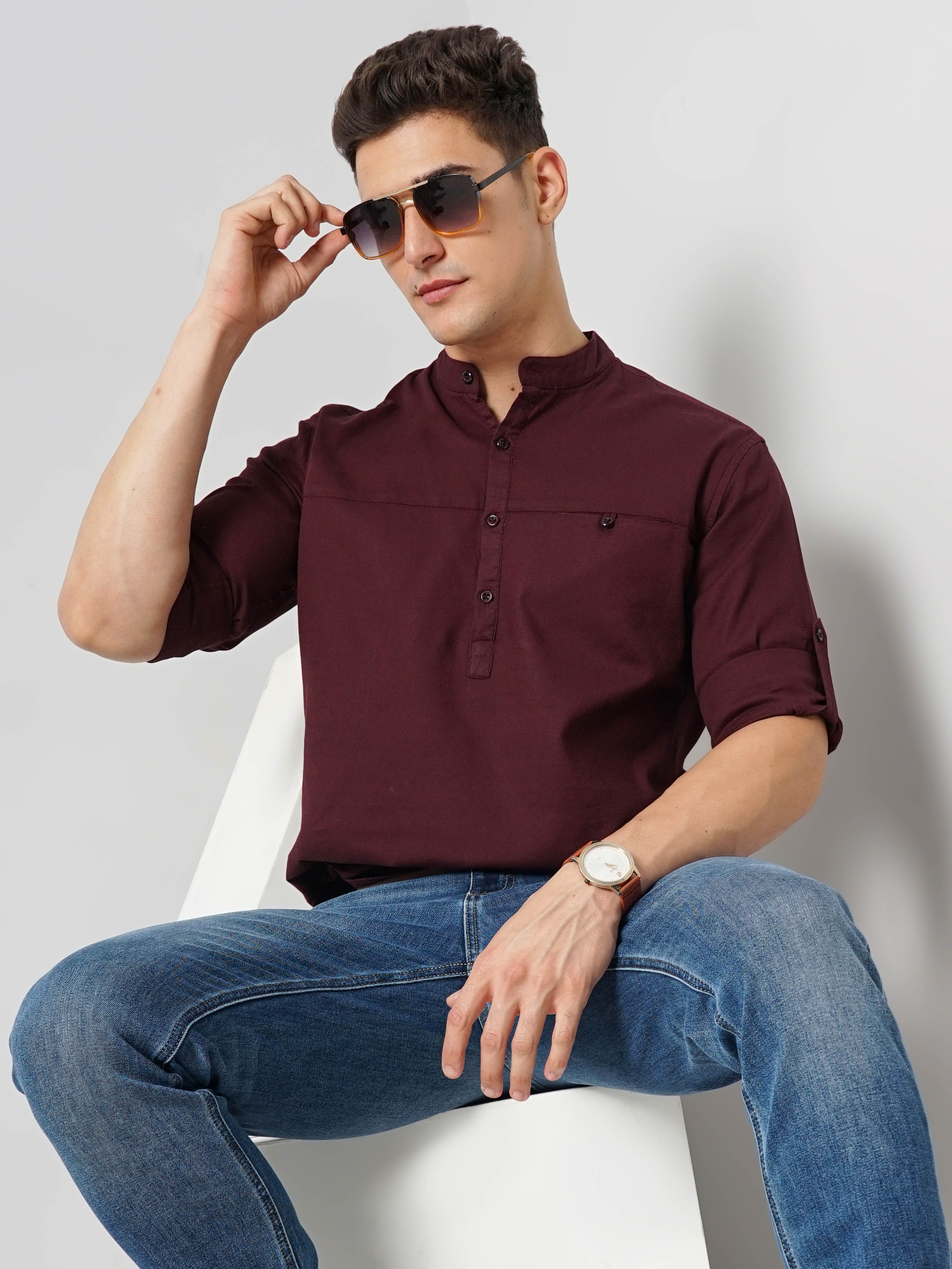 Celio Men's Solid Burgundy Full Sleeve Contemporary Shirt