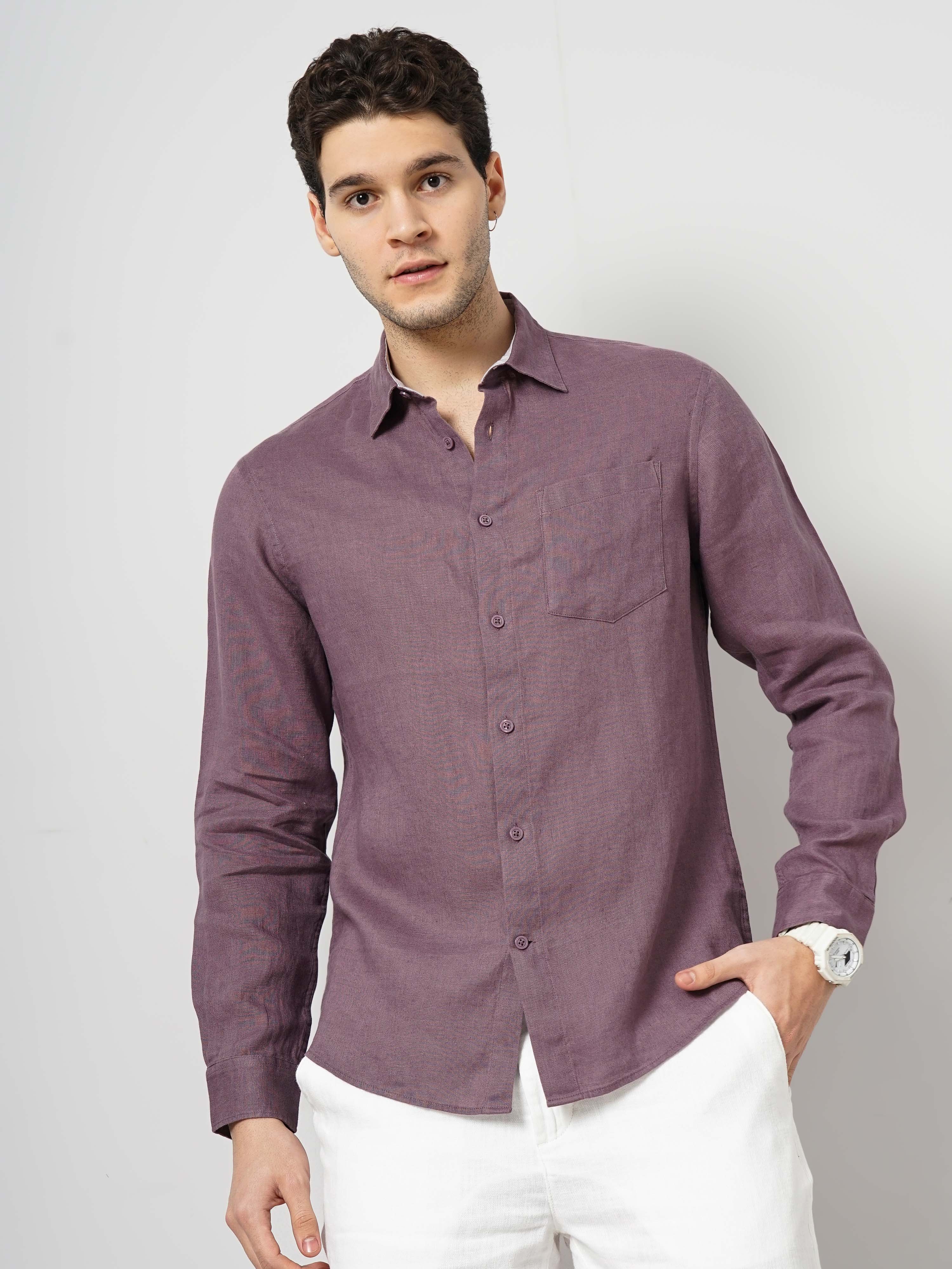 Celio Men Purple Solid Regular Fit Linen Shirt