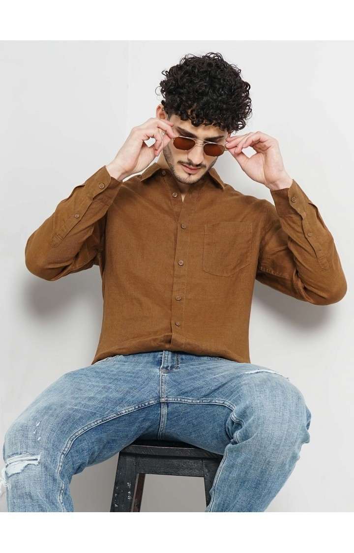 Celio Men Brown Solid Regular Fit Linen Casual Shirt