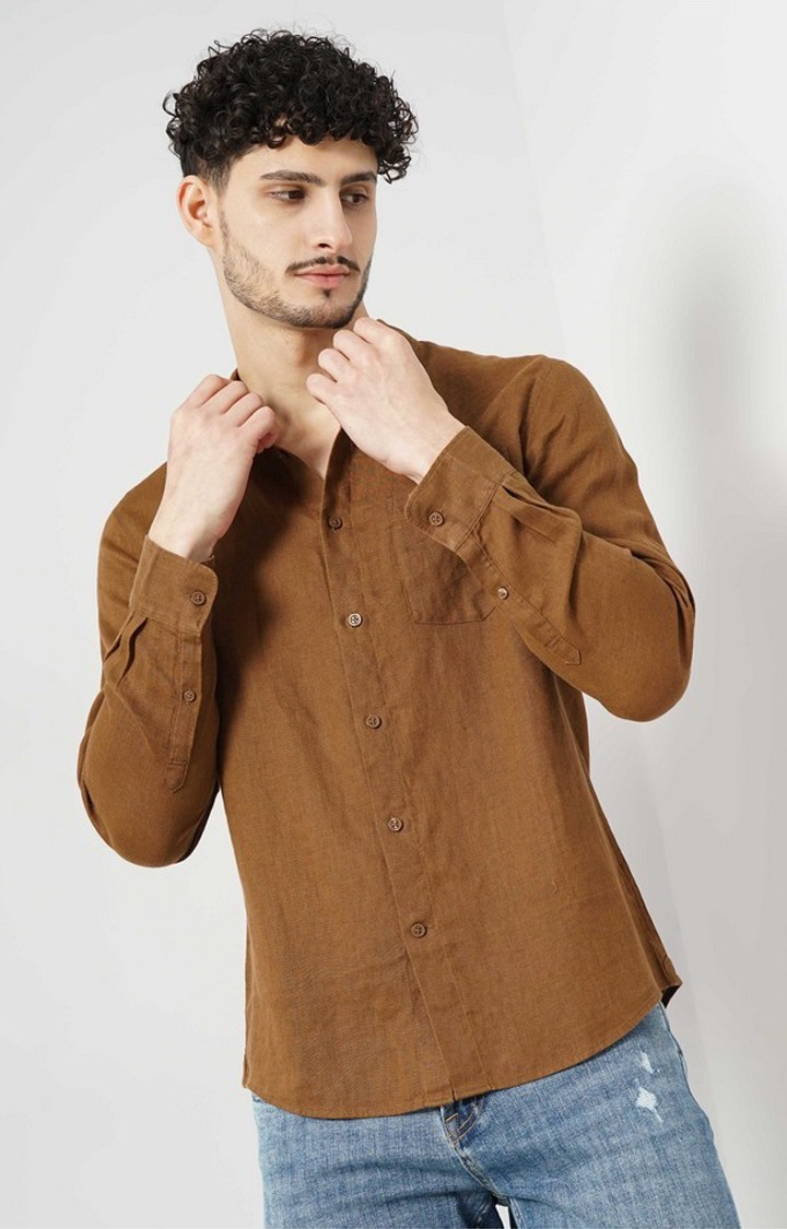 Celio Men Brown Solid Regular Fit Linen Casual Shirt