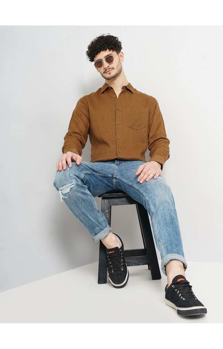 Celio Men Brown Solid Regular Fit Linen Casual Shirt