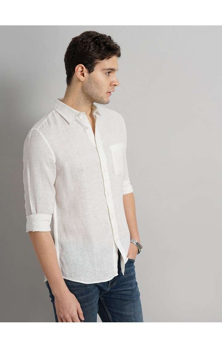 Celio Men White Solid Regular Fit Linen Casual Shirt