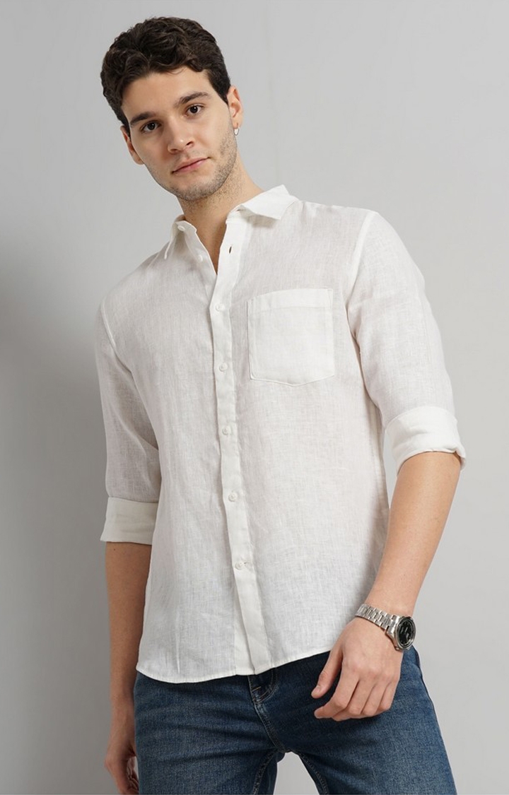 celio | Celio Men White Solid Regular Fit Linen Casual Shirt