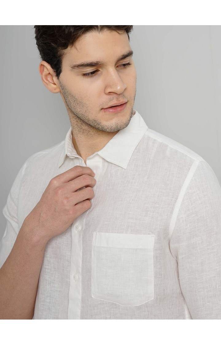 Celio Men White Solid Regular Fit Linen Casual Shirt