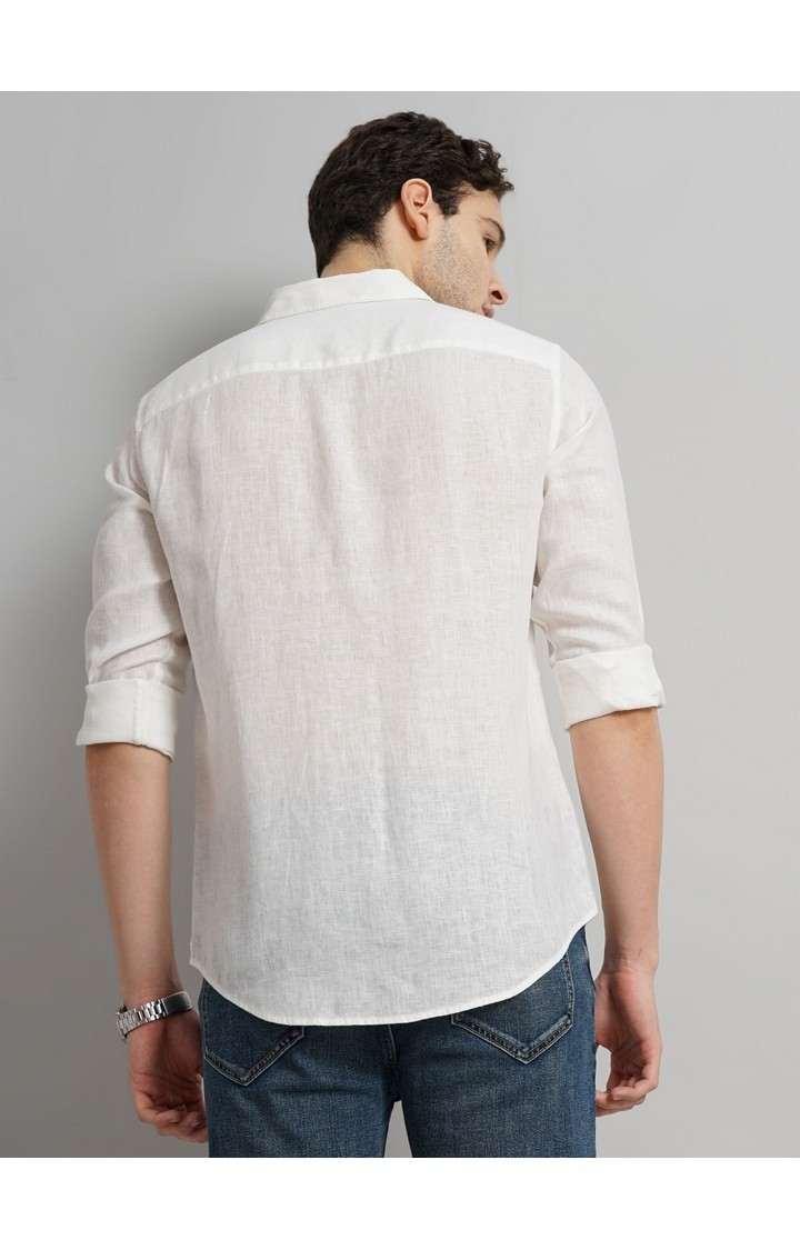 Celio Men White Solid Regular Fit Linen Casual Shirt