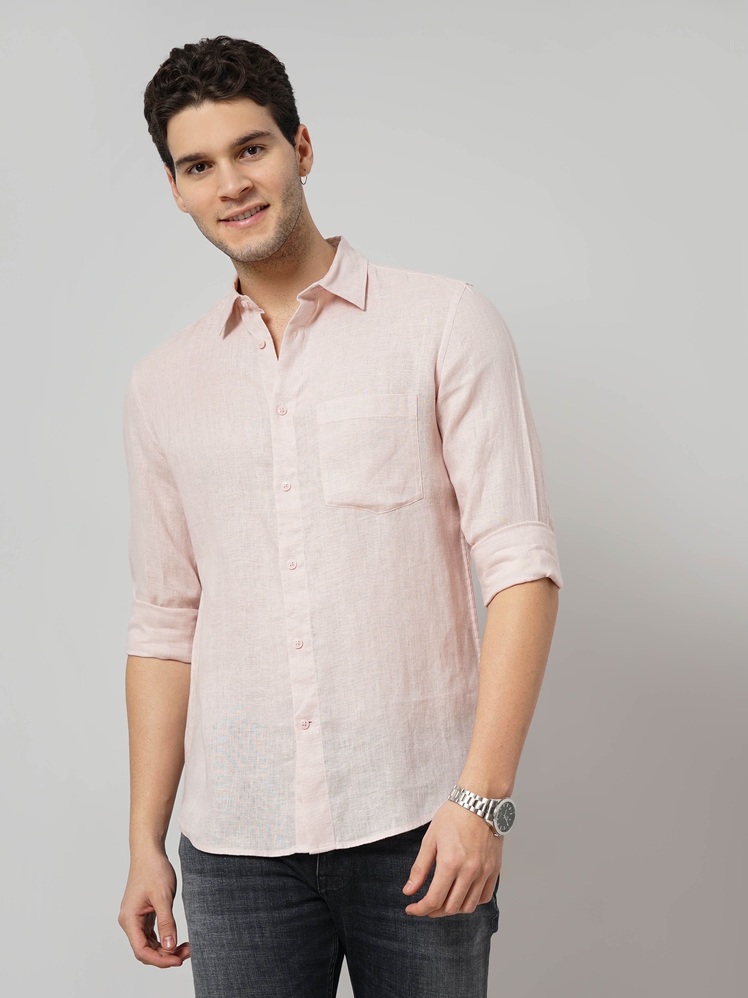 celio | Celio Men Pink Solid Regular Fit Linen Casual Shirt