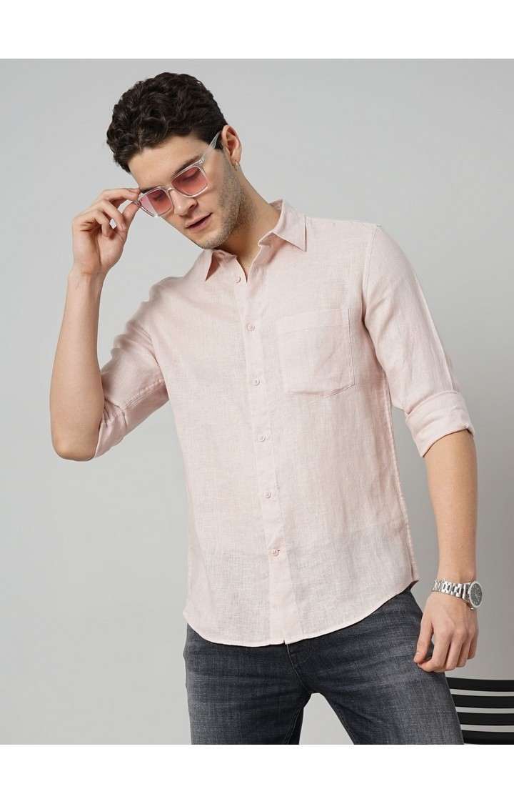 Celio Men Pink Solid Regular Fit Linen Casual Shirt