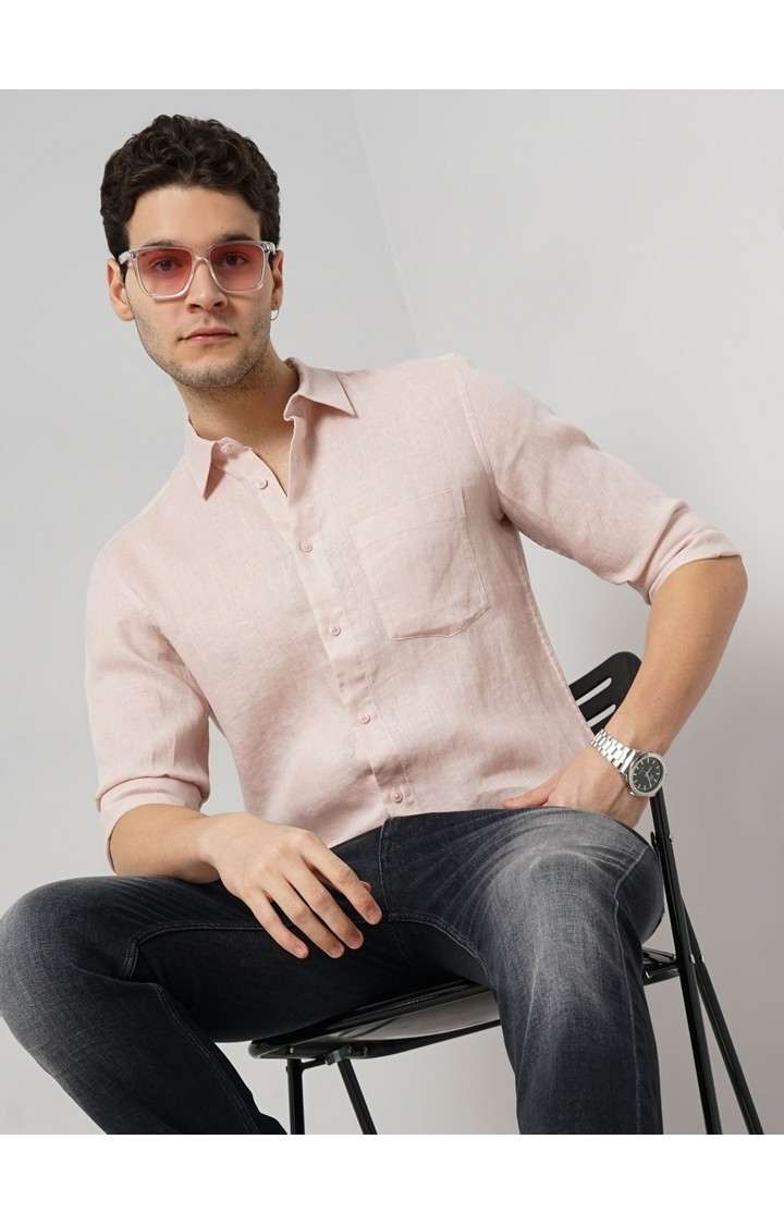 Celio Men Pink Solid Regular Fit Linen Casual Shirt