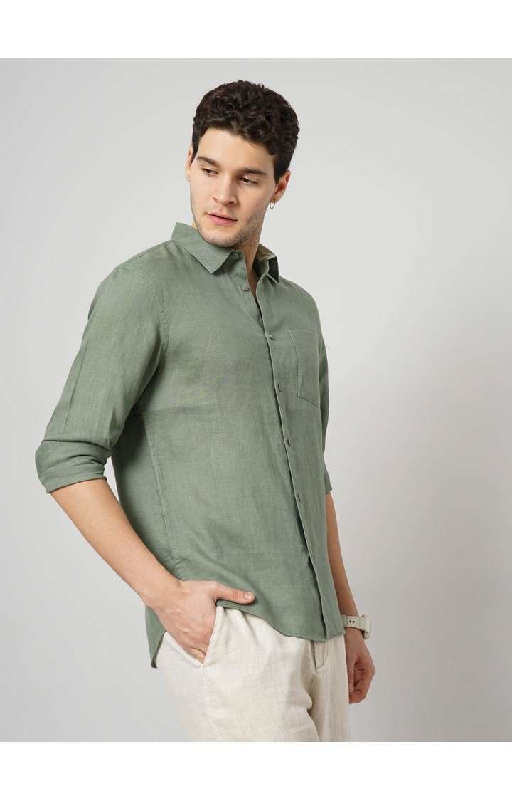 Celio Men Olive Solid Regular Fit Linen Casual Shirt