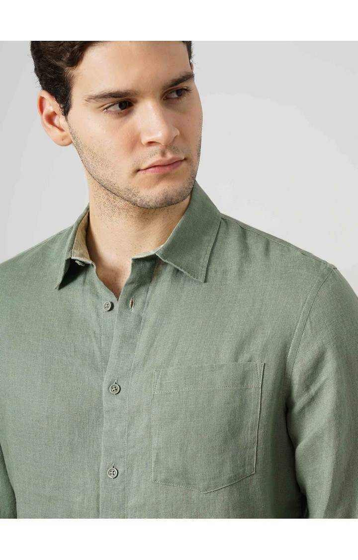 Celio Men Olive Solid Regular Fit Linen Casual Shirt