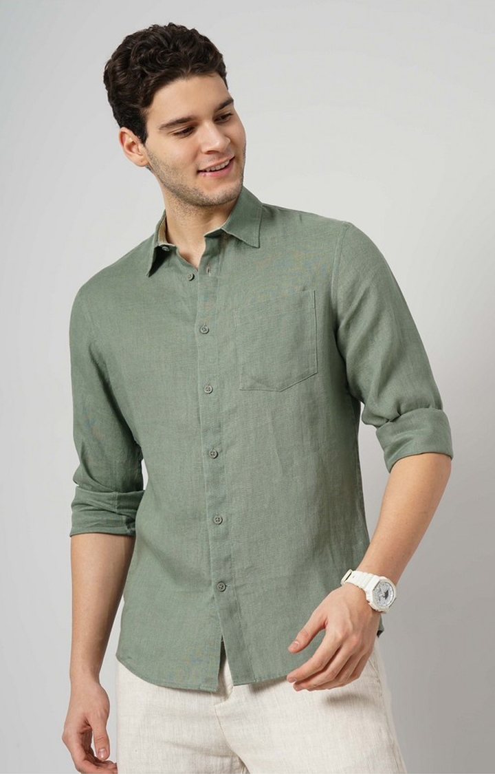 celio | Celio Men Olive Solid Regular Fit Linen Casual Shirt