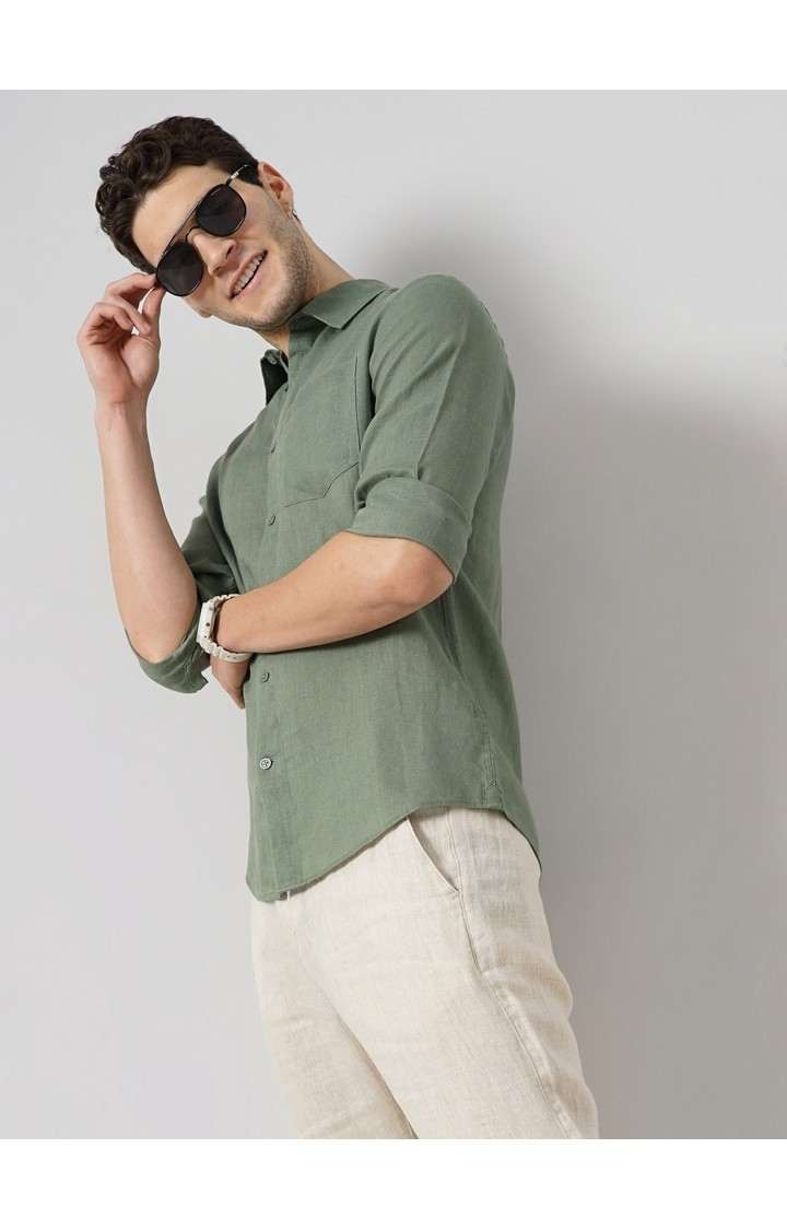 Celio Men Olive Solid Regular Fit Linen Casual Shirt