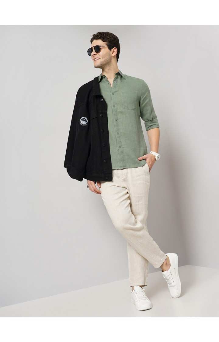 Celio Men Olive Solid Regular Fit Linen Casual Shirt